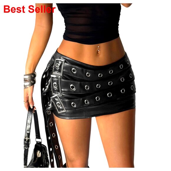 PU Leather Buckle Bodycon Mini Skirt Grommet Eyelet Y2K Party